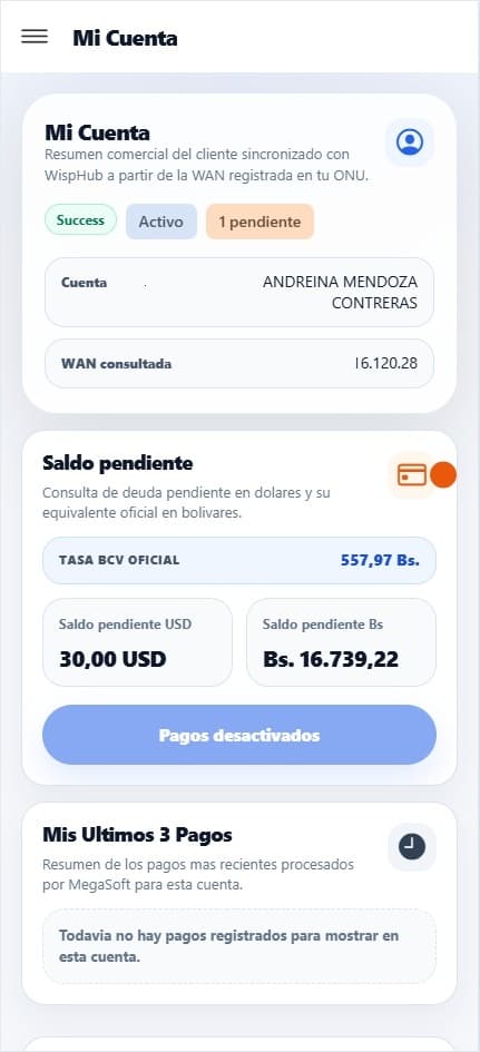 Pantalla Mi Cuenta del portal WiFi de Redes Tecno Pro