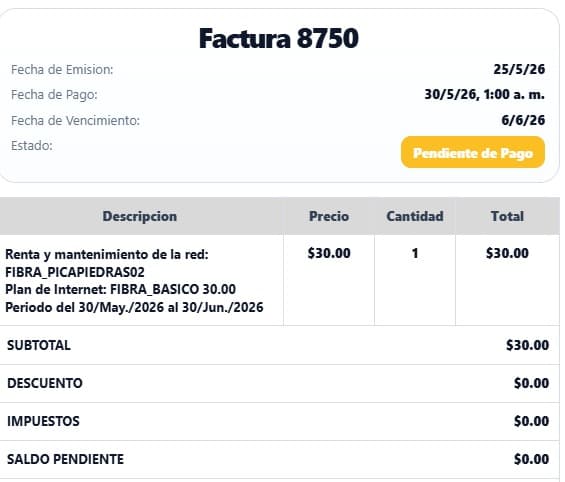 Detalle de factura en el portal WiFi de Redes Tecno Pro